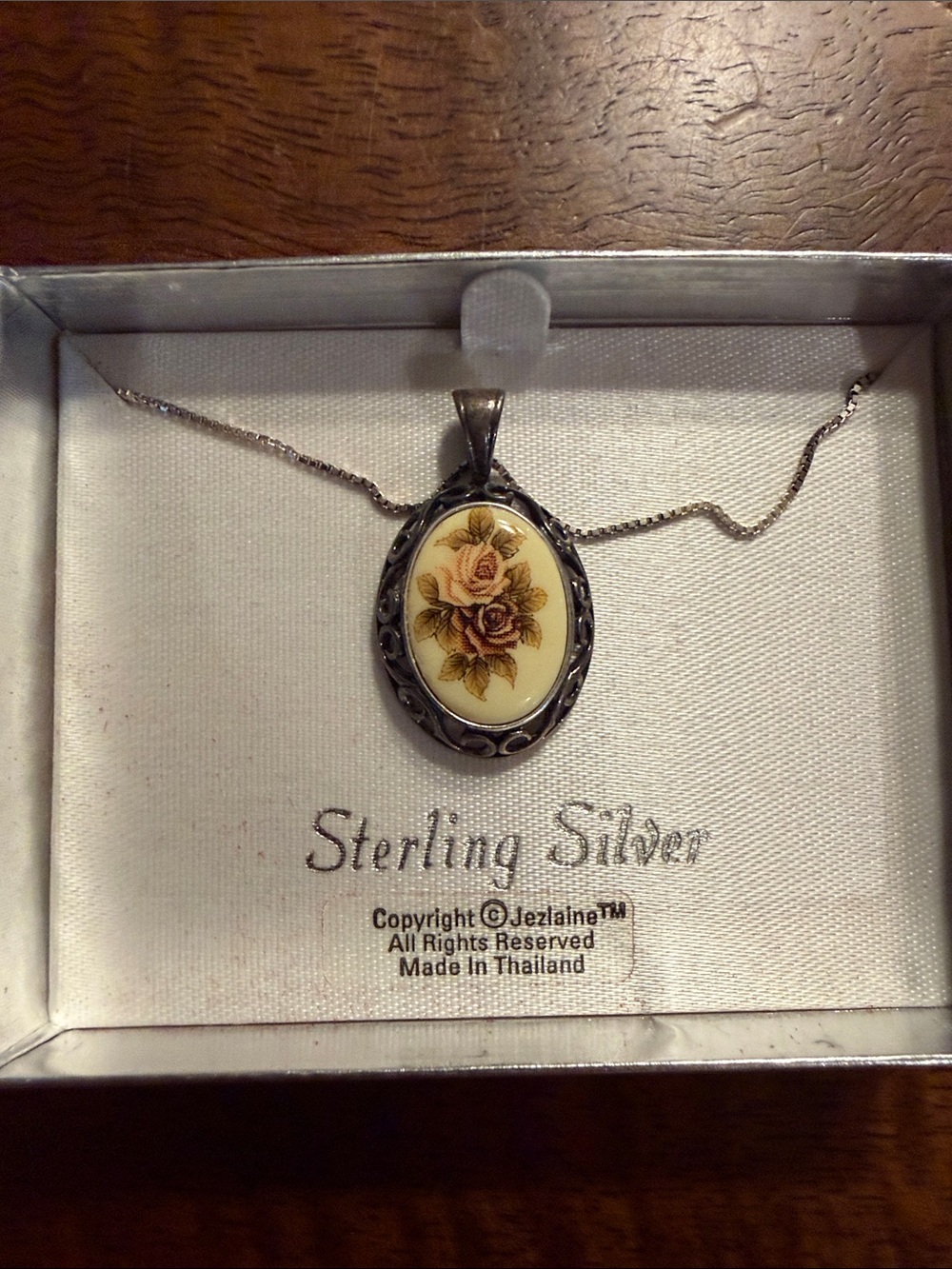 Sterling Silver Floral Oval Pendant Necklace - Cream and Brown